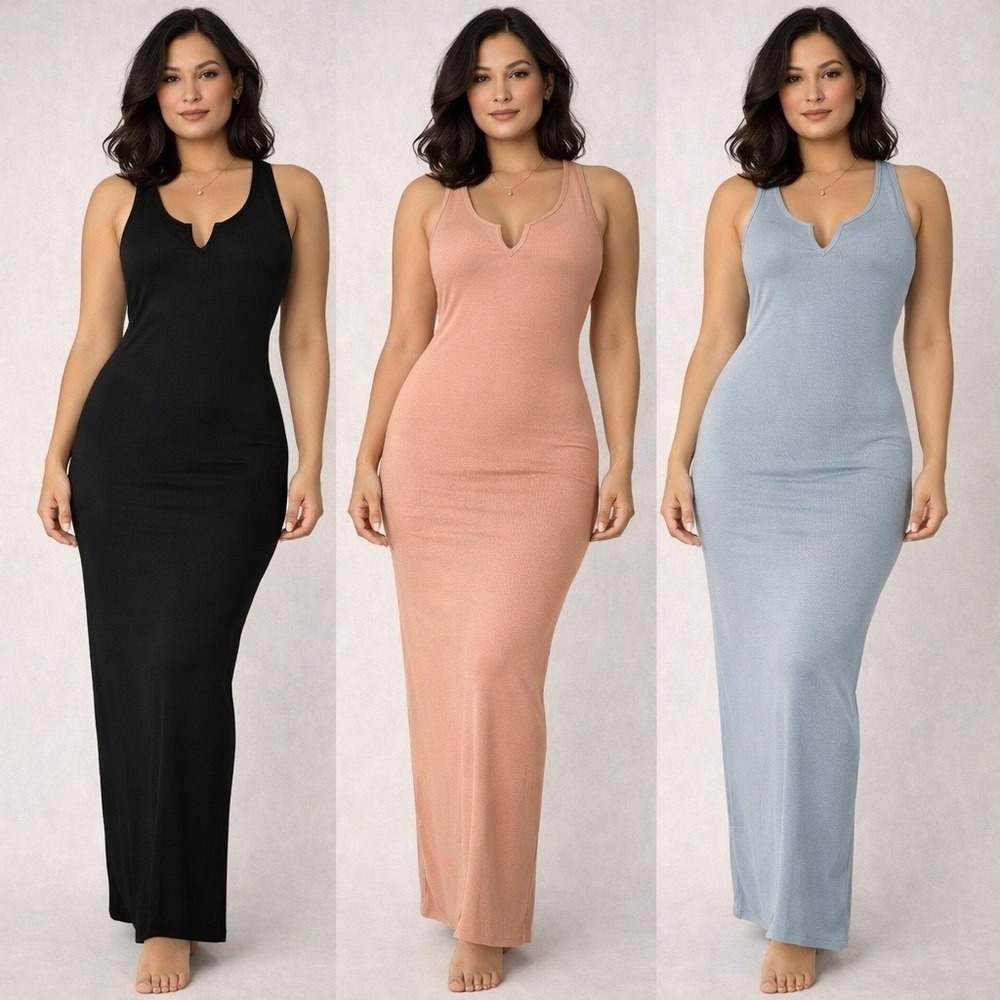 Edges of Her Maxi Dresses Black Brown Blue Ribbed Notched Neck Womens XS